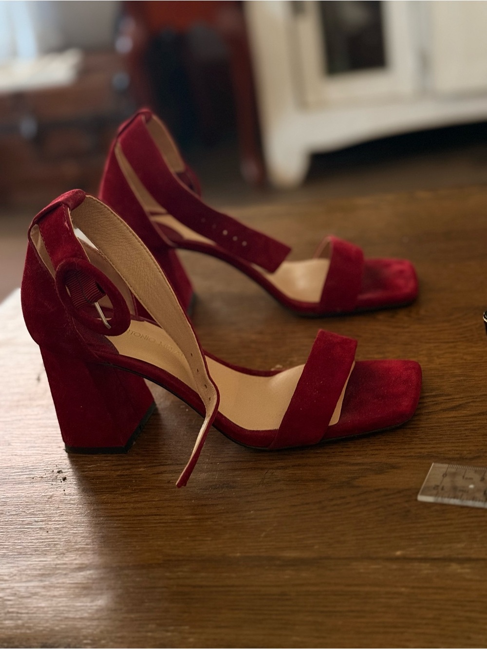 ANTONIO MELANI Red Suede Block Heel Sandals